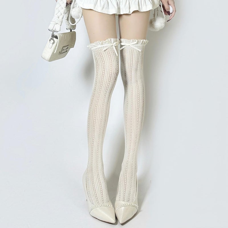 Thigh High Socks for Women with Bow Ruffle Frilly Long Knee High Stockings Cute Sexy Sheer Stockings